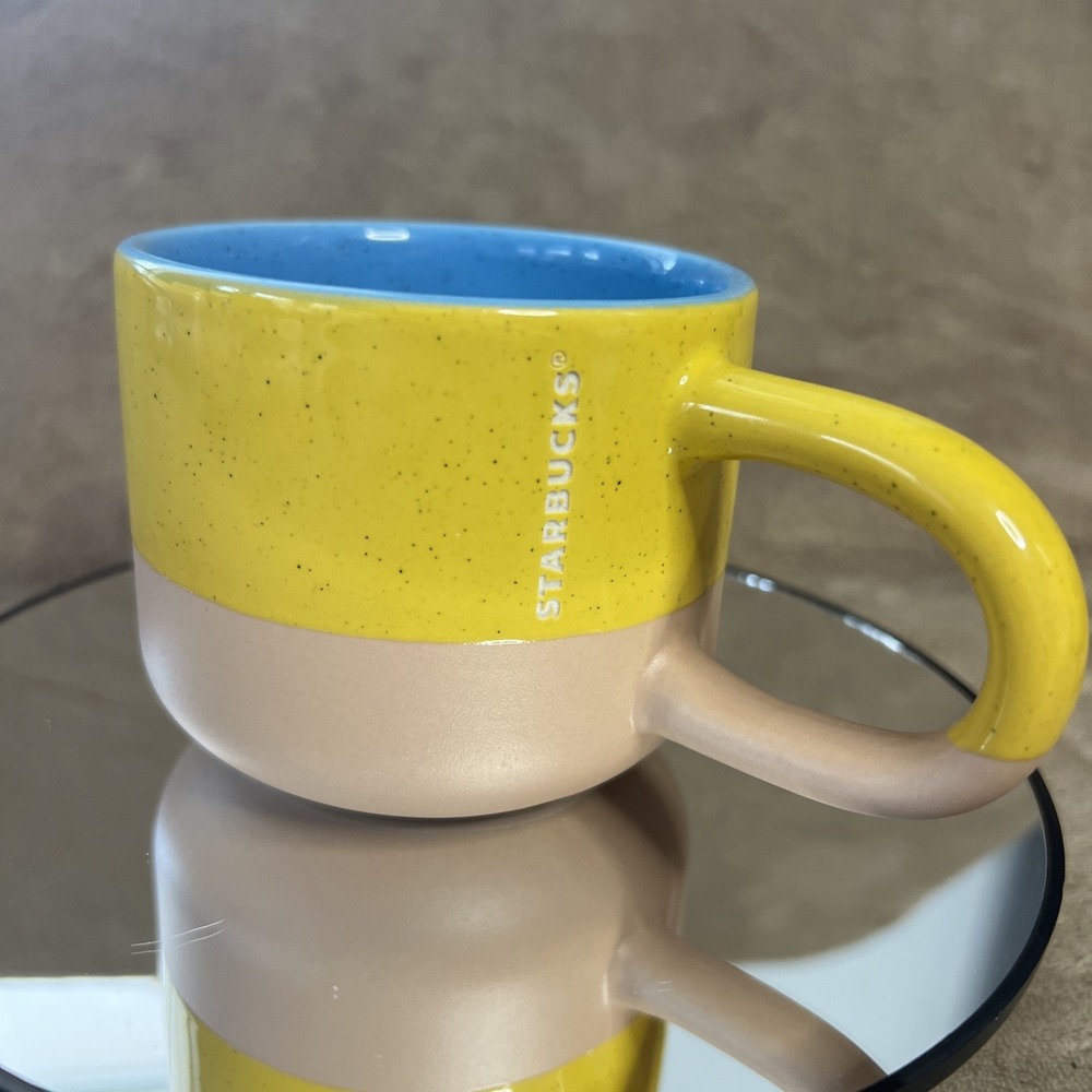 Starbucks Terracotta Yellow Blue Two Tone Long Handle Coffee Mug 12oz‎ 2017
